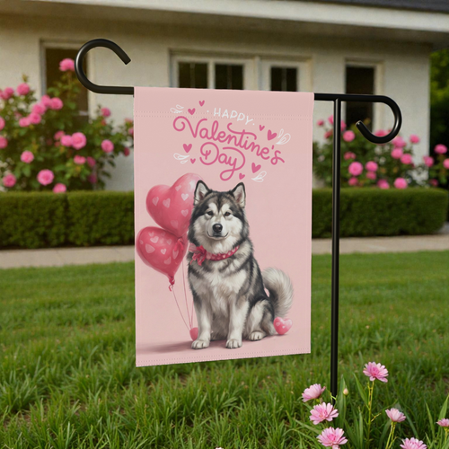 Alaskan Malamute Happy Valentine's Day Garden Flag - front view - Dragonfire Gardens