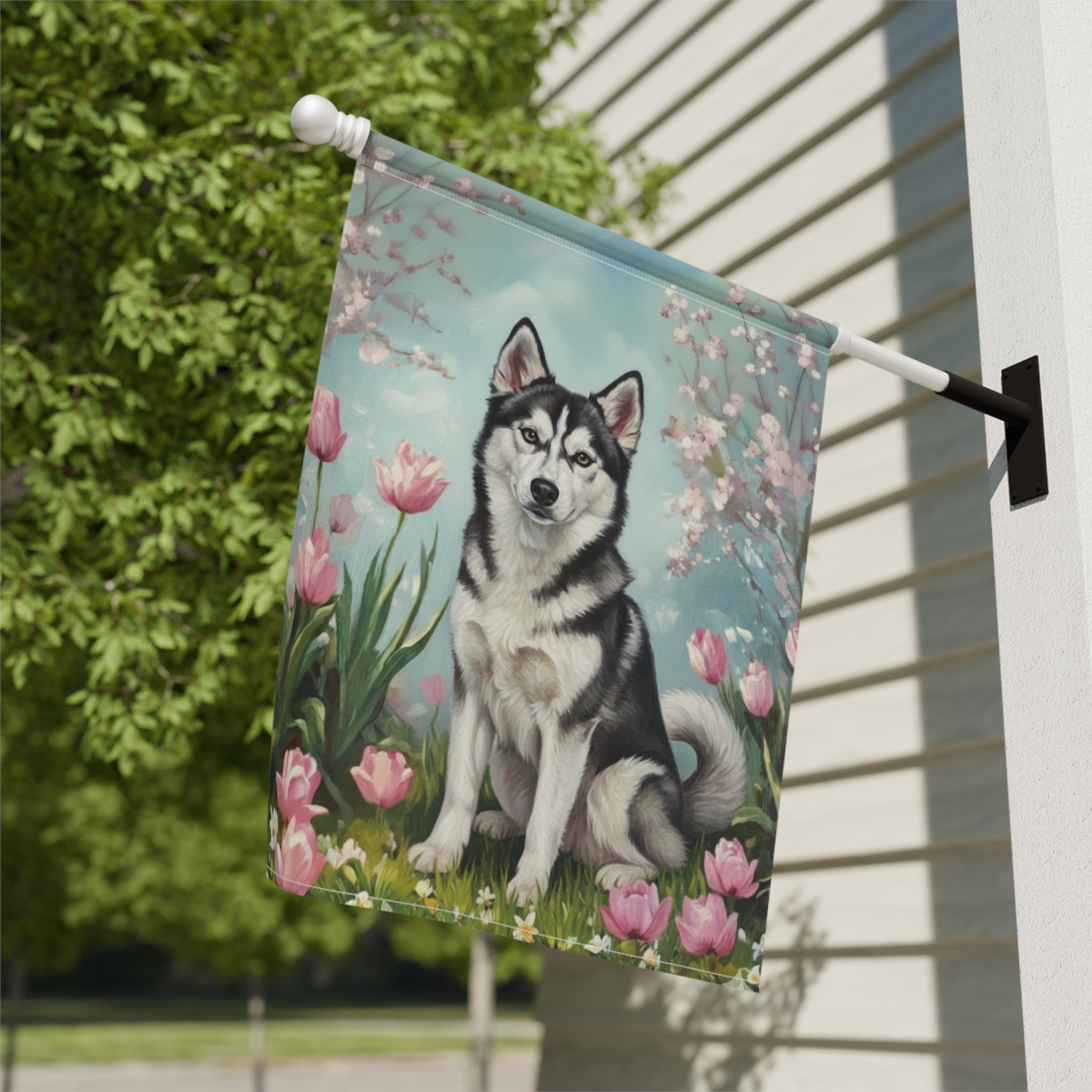 Alaskan Klee Kai in the Tulips Spring Garden Flag - close-up detail - Dragonfire Gardens