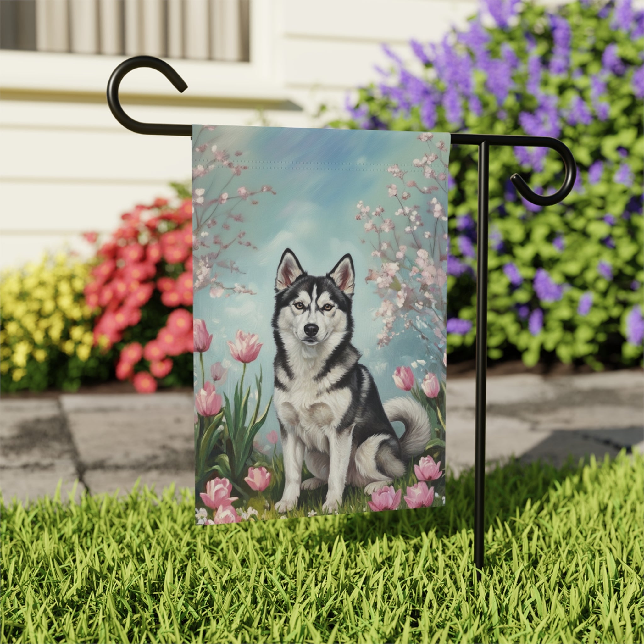 Alaskan Klee Kai in the Tulips Spring Garden Flag - outdoor display - Dragonfire Gardens