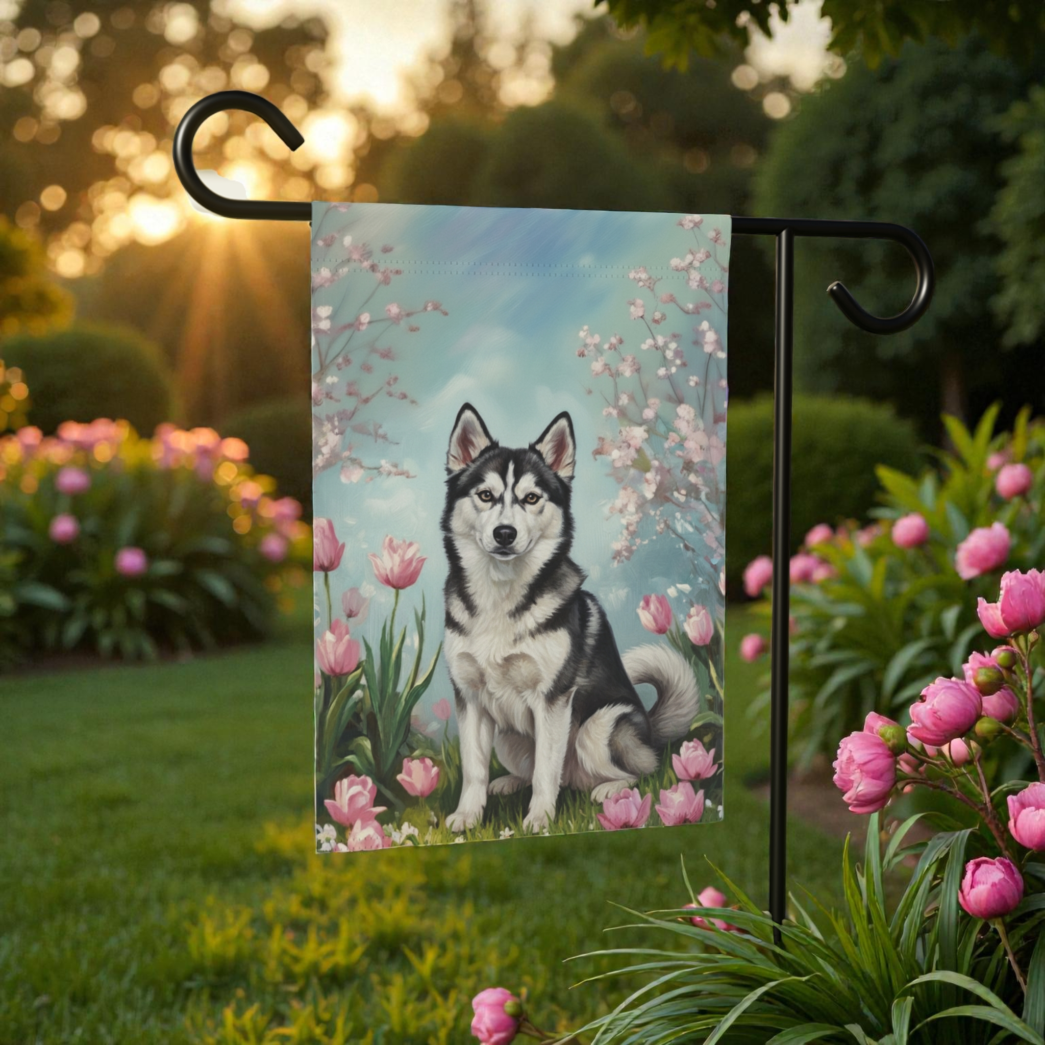 Alaskan Klee Kai in the Tulips Spring Garden Flag - front view - Dragonfire Gardens