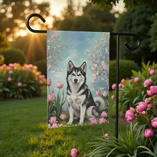 Alaskan Klee Kai in the Tulips Spring Garden Flag - front view - Dragonfire Gardens