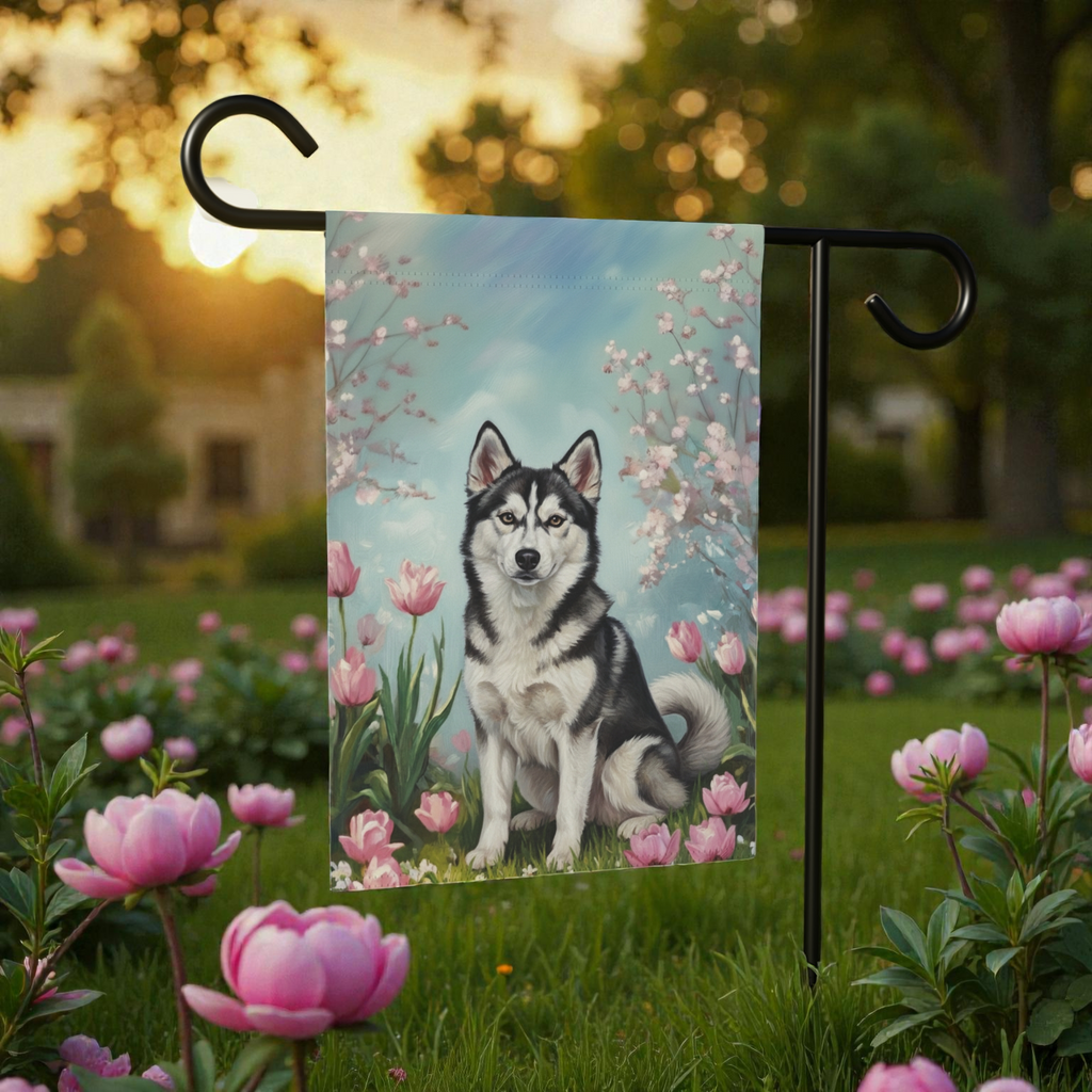 Alaskan Klee Kai in the Tulips Spring Garden Flag - lifestyle display - Dragonfire Gardens