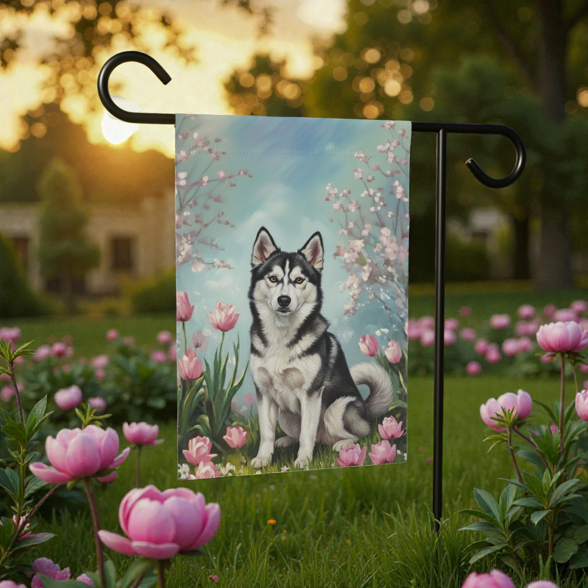 Alaskan Klee Kai in the Tulips Spring Garden Flag - lifestyle display - Dragonfire Gardens