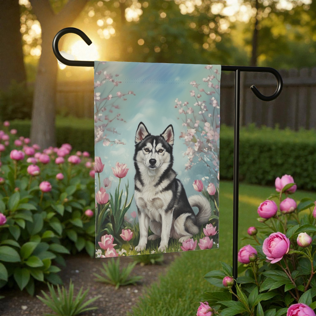 Alaskan Klee Kai in the Tulips Spring Garden Flag - size comparison - Dragonfire Gardens