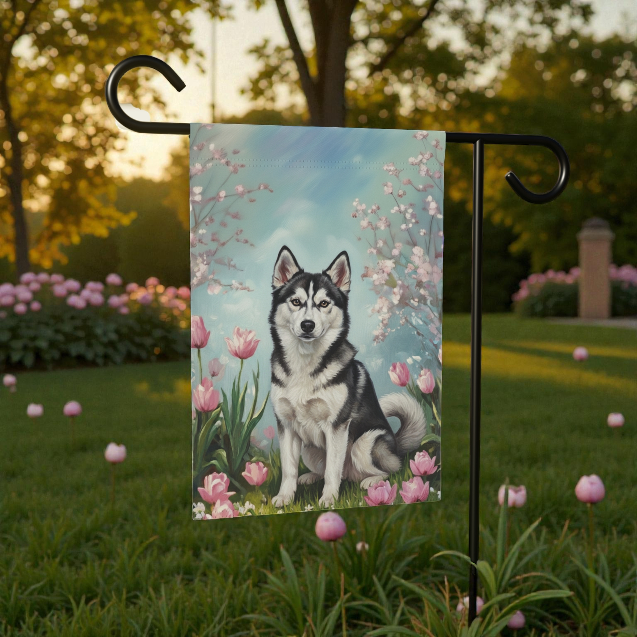 Alaskan Klee Kai in the Tulips Spring Garden Flag - product detail - Dragonfire Gardens