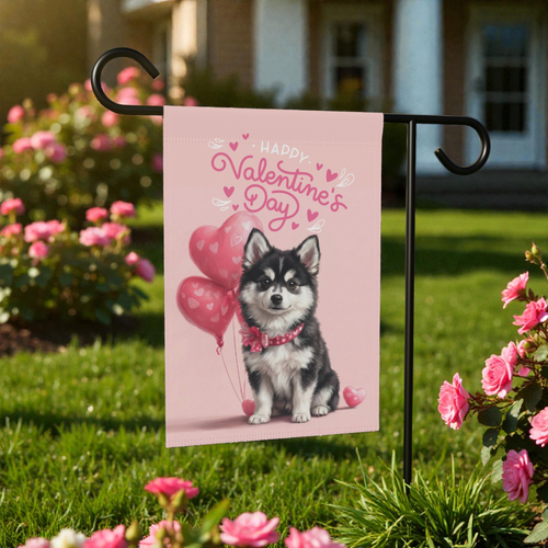 Alaskan Klee Kai Happy Valentine's Day Garden Flag - front view - Dragonfire Gardens