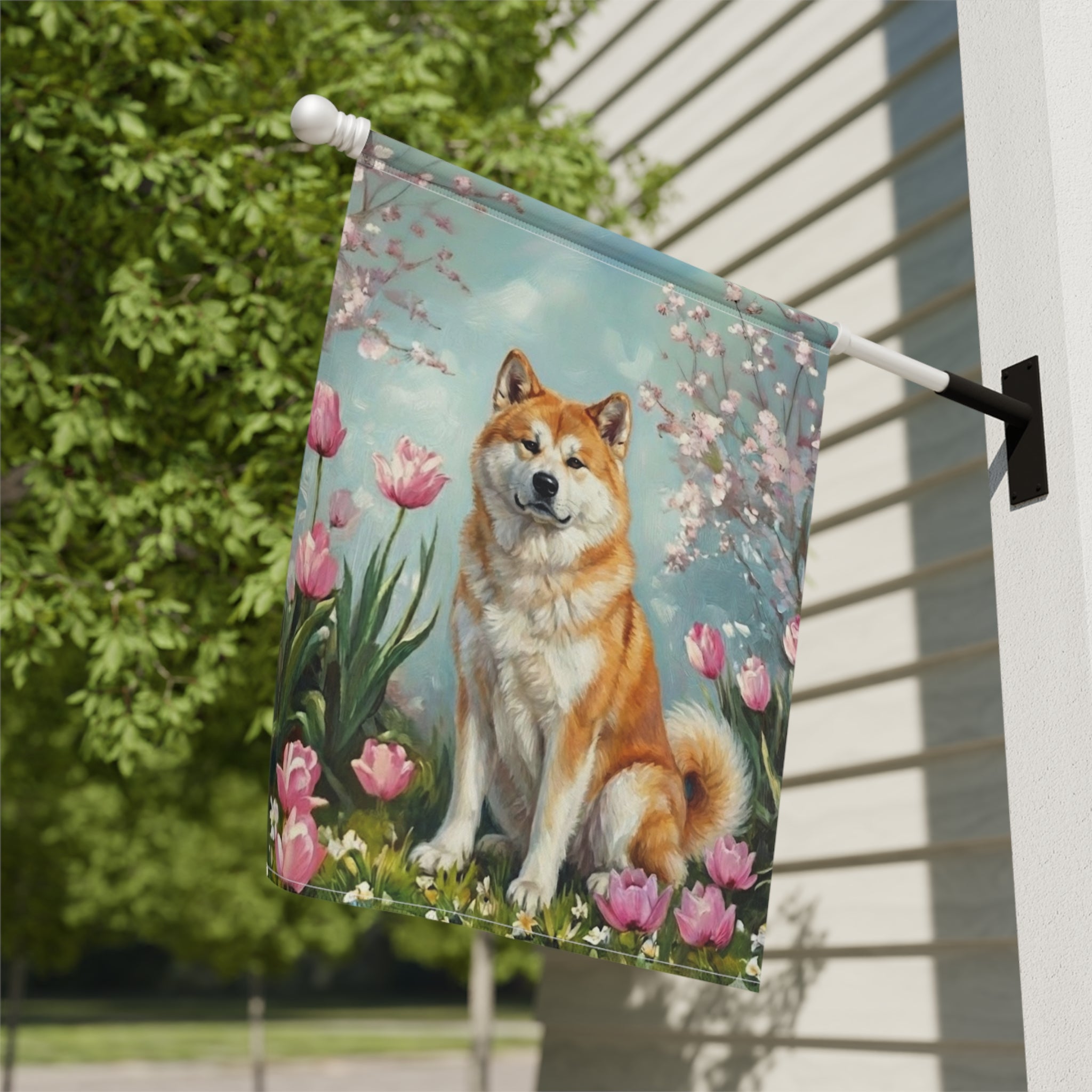 Akita in the Tulips Spring Garden Flag - close-up detail - Dragonfire Gardens
