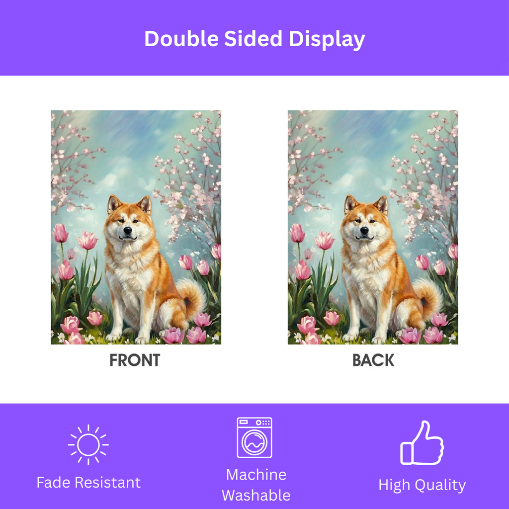 Akita in the Tulips Spring Garden Flag - double-sided design - Dragonfire Gardens