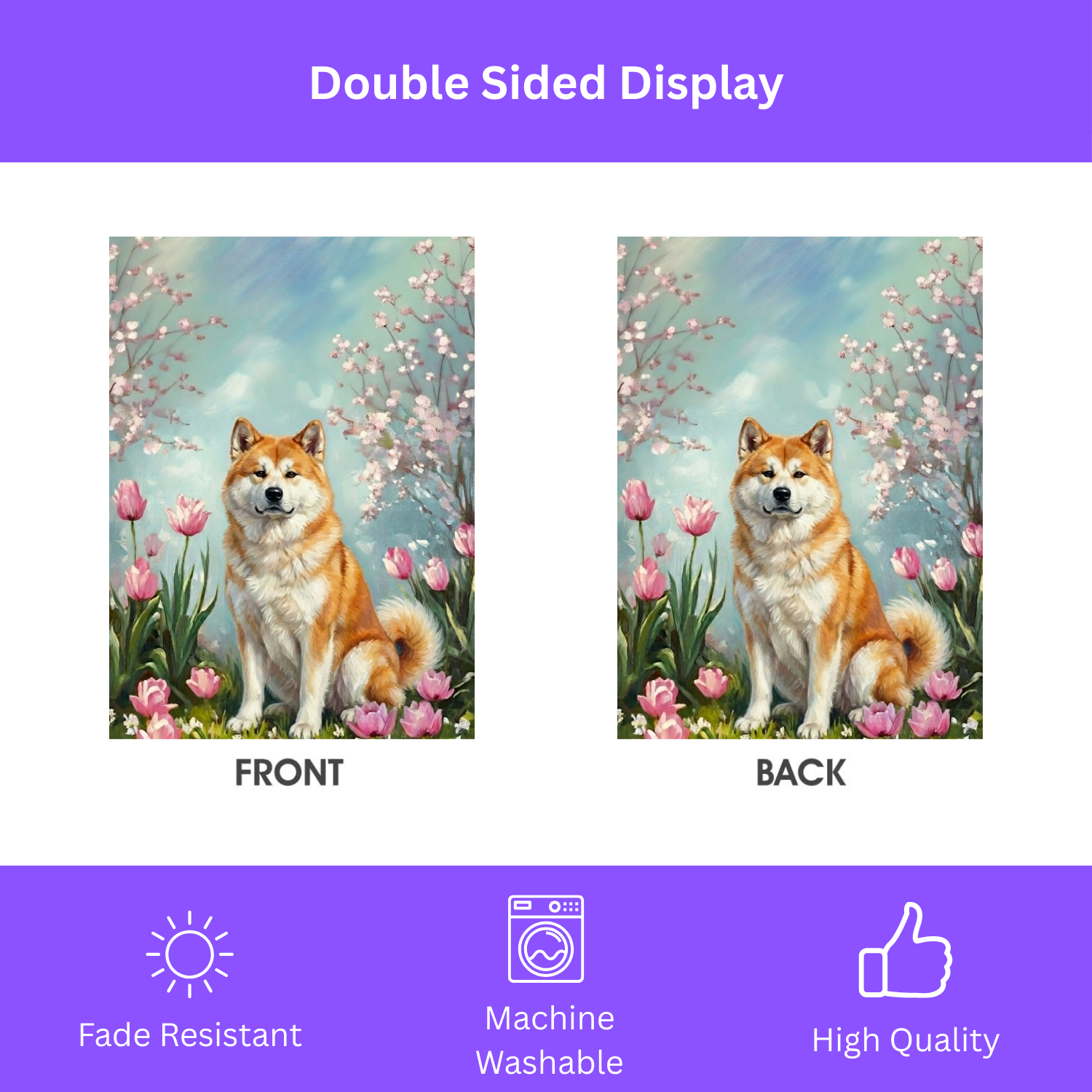 Akita in the Tulips Spring Garden Flag - double-sided design - Dragonfire Gardens