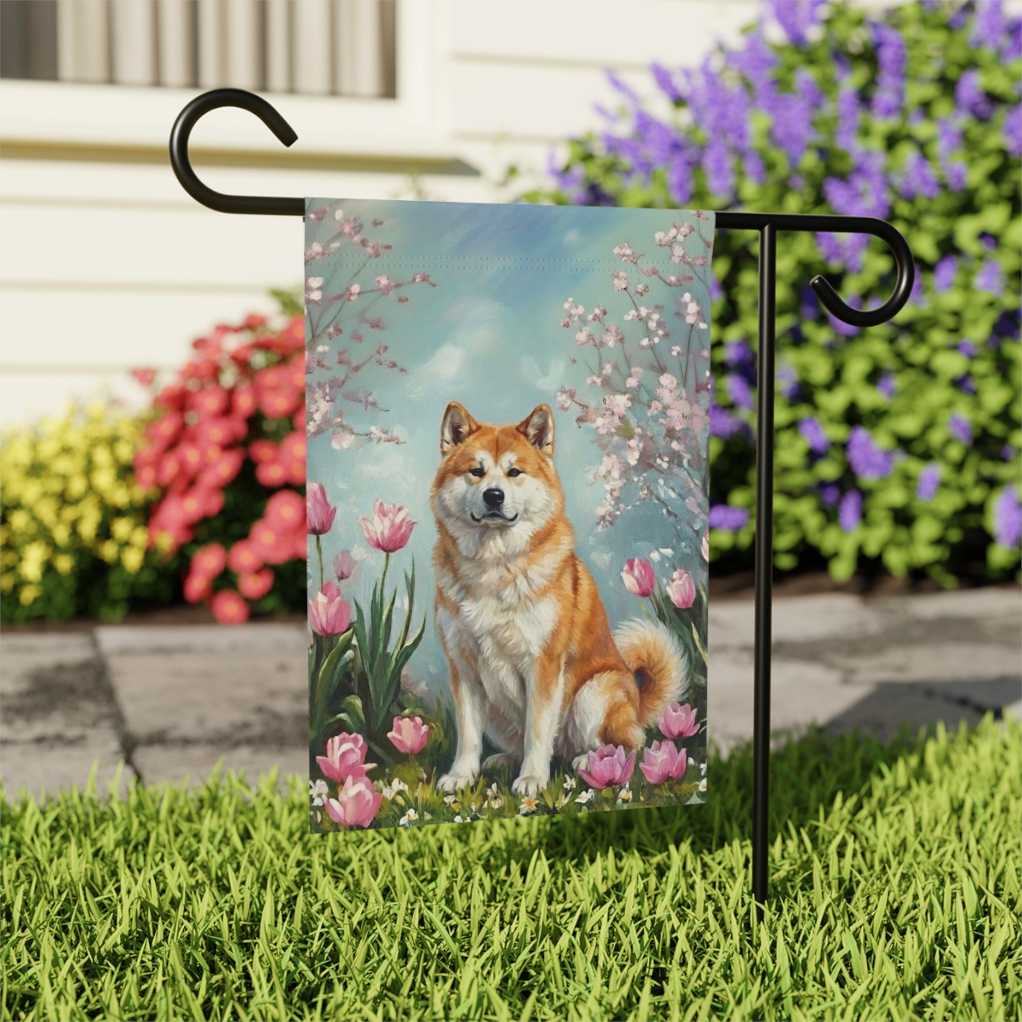 Akita in the Tulips Spring Garden Flag - outdoor display - Dragonfire Gardens