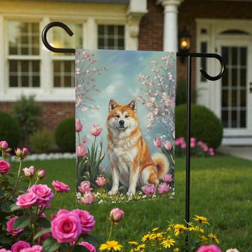 Akita in the Tulips Spring Garden Flag - front view - Dragonfire Gardens