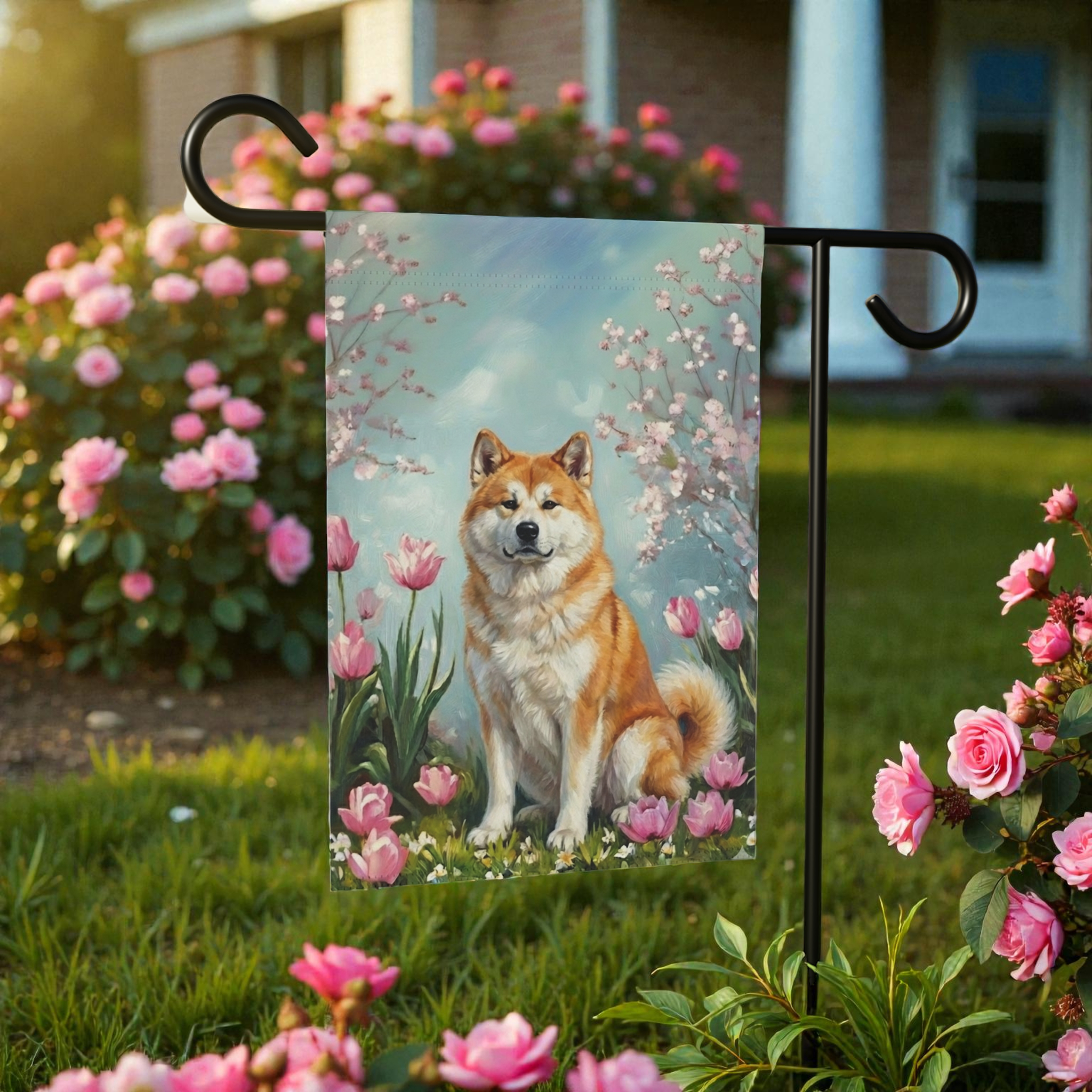 Akita in the Tulips Spring Garden Flag - size comparison - Dragonfire Gardens