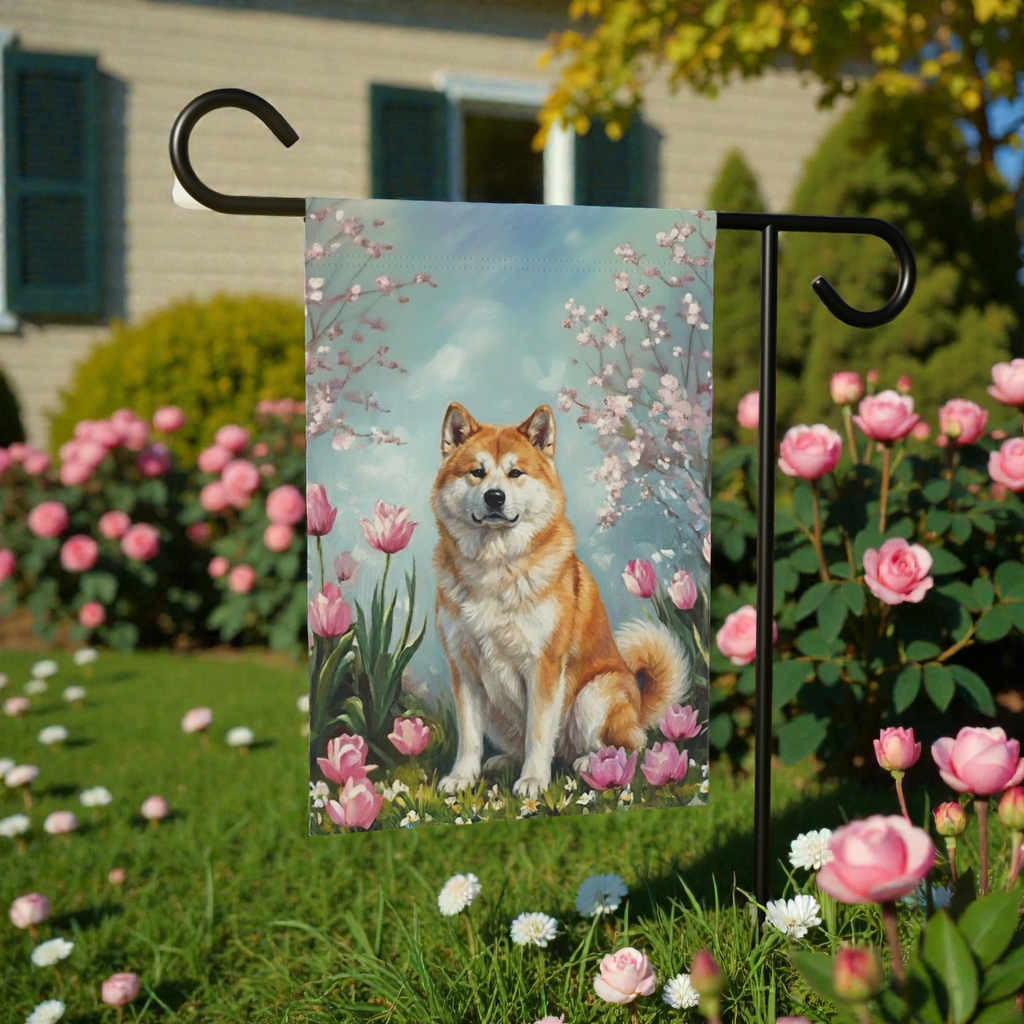 Akita in the Tulips Spring Garden Flag - product detail - Dragonfire Gardens