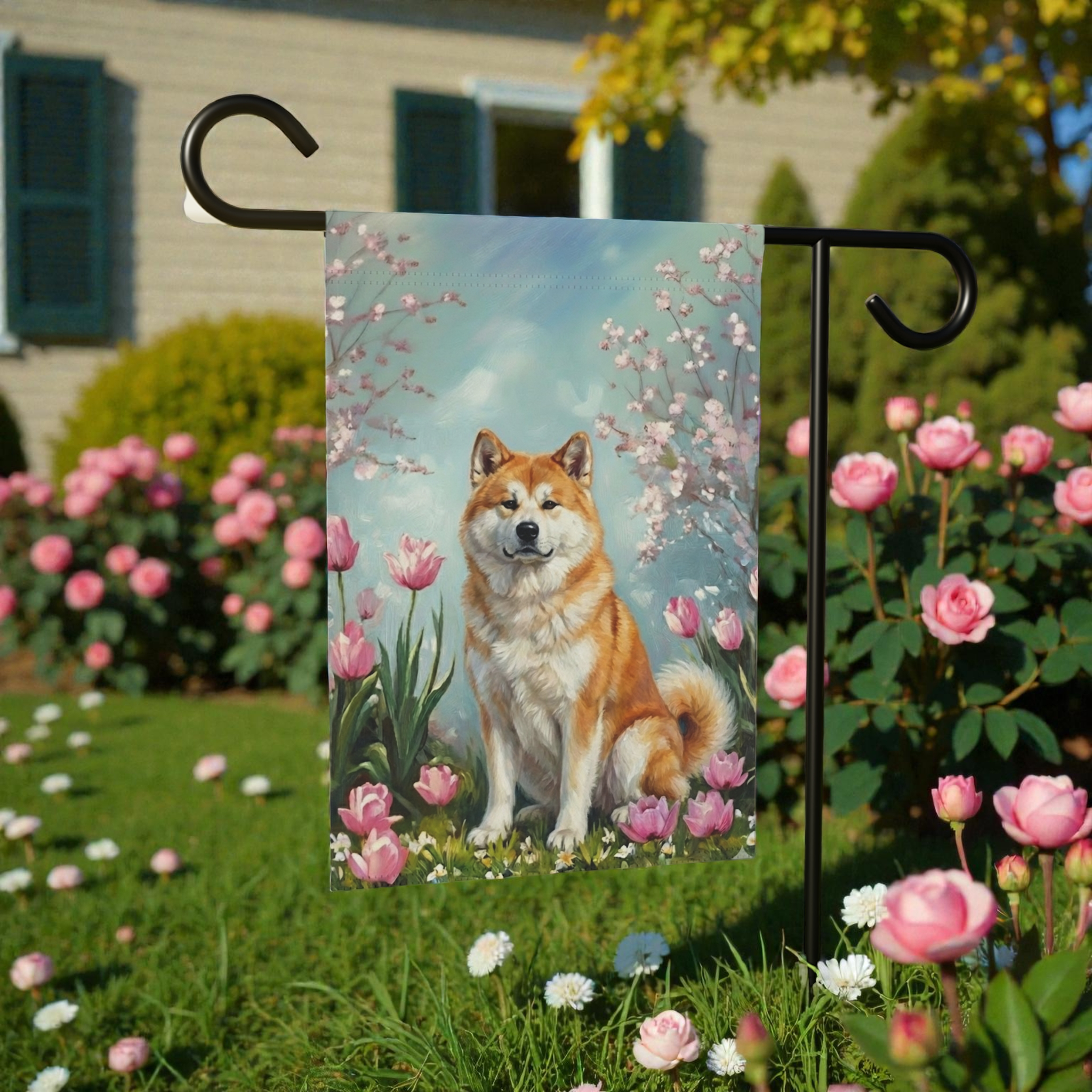 Akita in the Tulips Spring Garden Flag - product detail - Dragonfire Gardens