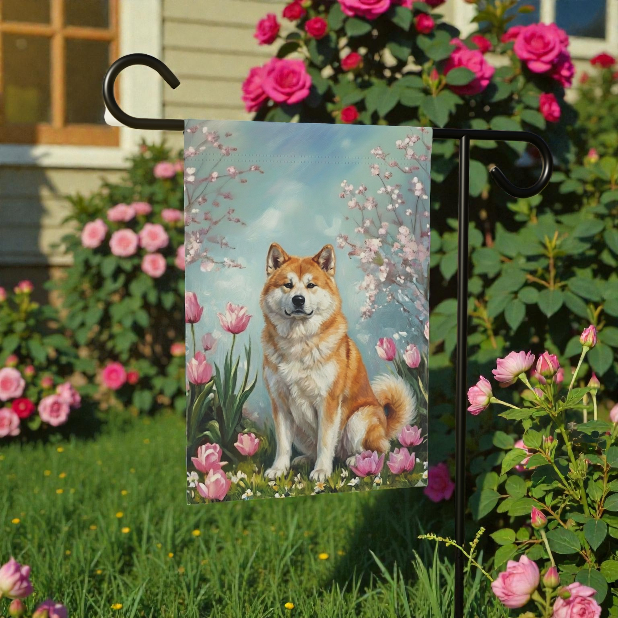 Akita in the Tulips Spring Garden Flag - lifestyle display - Dragonfire Gardens