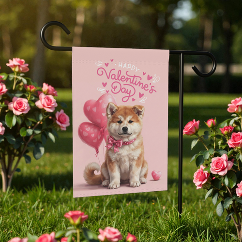 Akita Puppy Happy Valentine's Day Garden Flag - front view - Dragonfire Gardens