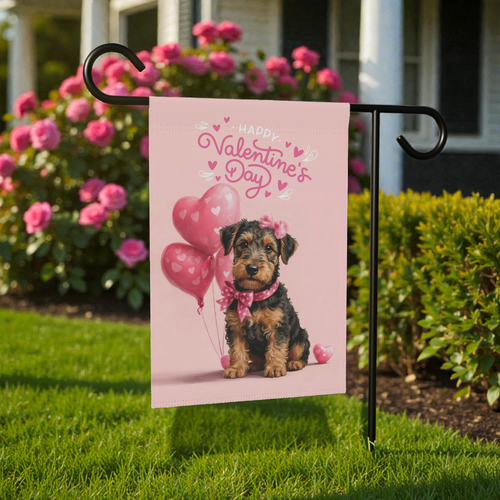 Airedale Terrier Happy Valentine's Day Garden Flag - front view - Dragonfire Gardens