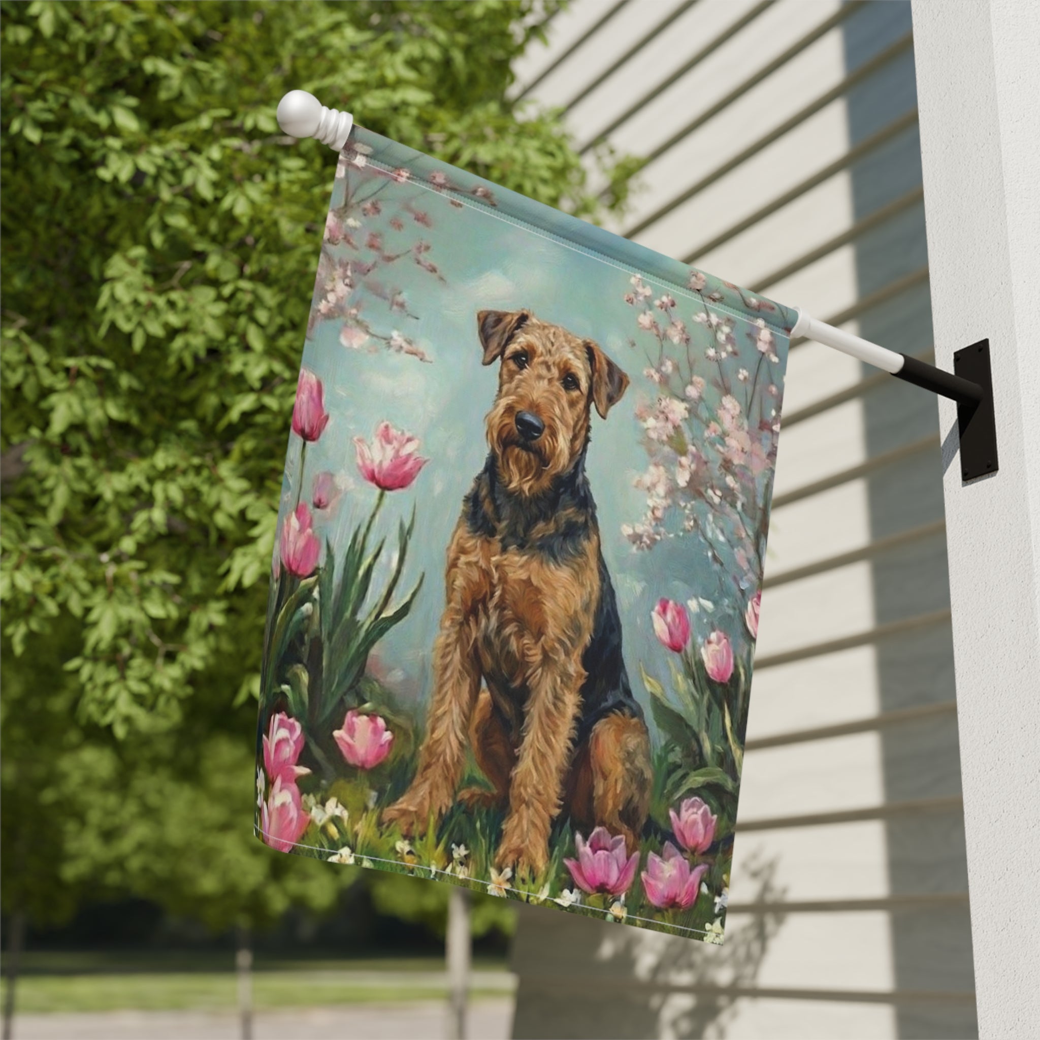 Airedale Terrier In the Tulips Spring Garden Flag - close-up detail - Dragonfire Gardens