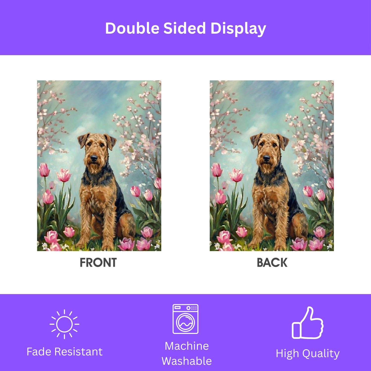 Airedale Terrier In the Tulips Spring Garden Flag - double-sided design - Dragonfire Gardens