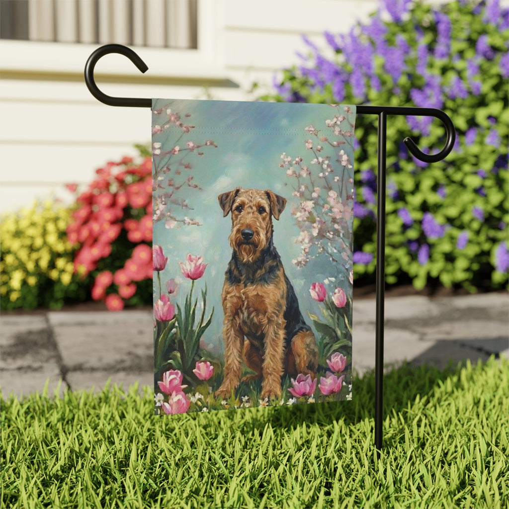Airedale Terrier In the Tulips Spring Garden Flag - outdoor display - Dragonfire Gardens