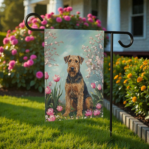 Airedale Terrier In the Tulips Spring Garden Flag - front view - Dragonfire Gardens