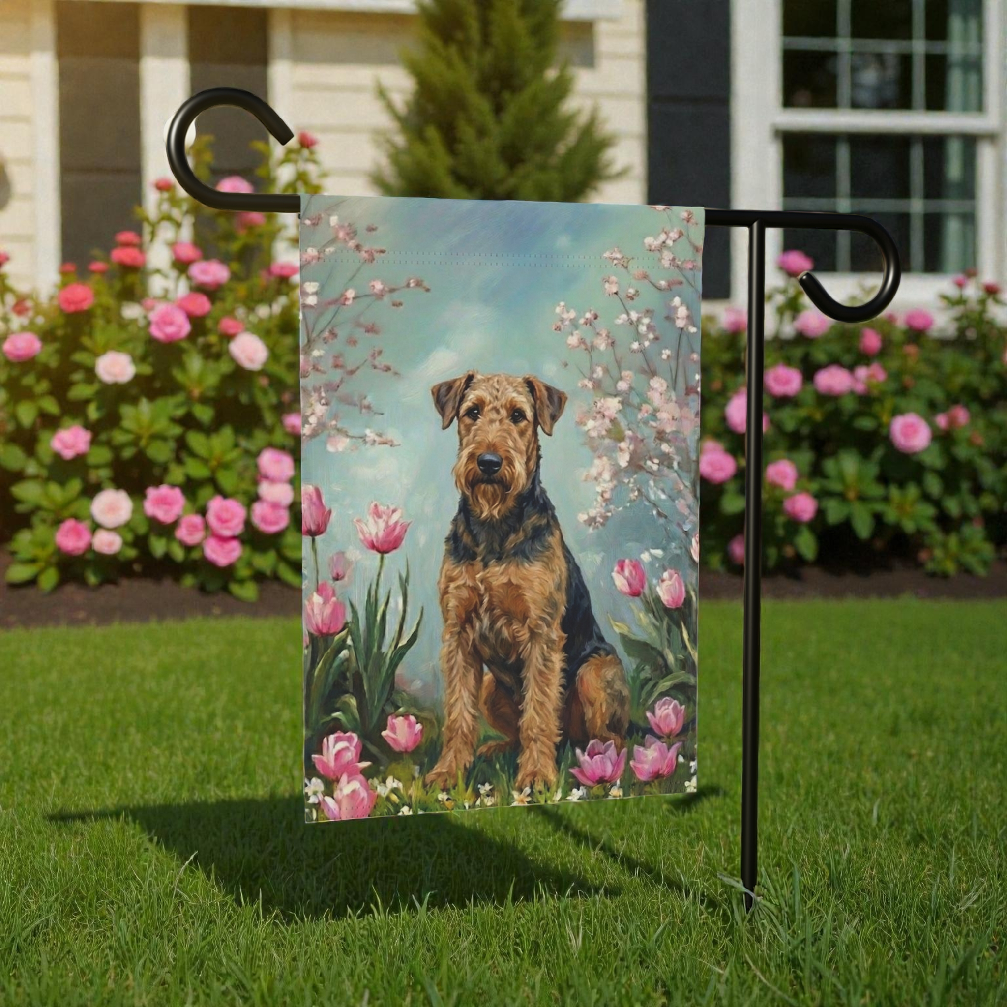 Airedale Terrier In the Tulips Spring Garden Flag - size comparison - Dragonfire Gardens