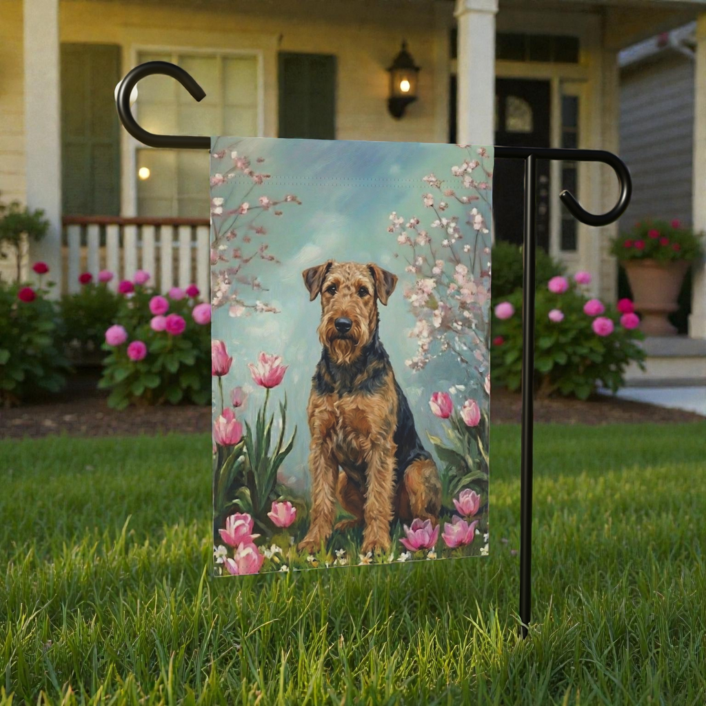 Airedale Terrier In the Tulips Spring Garden Flag - lifestyle display - Dragonfire Gardens