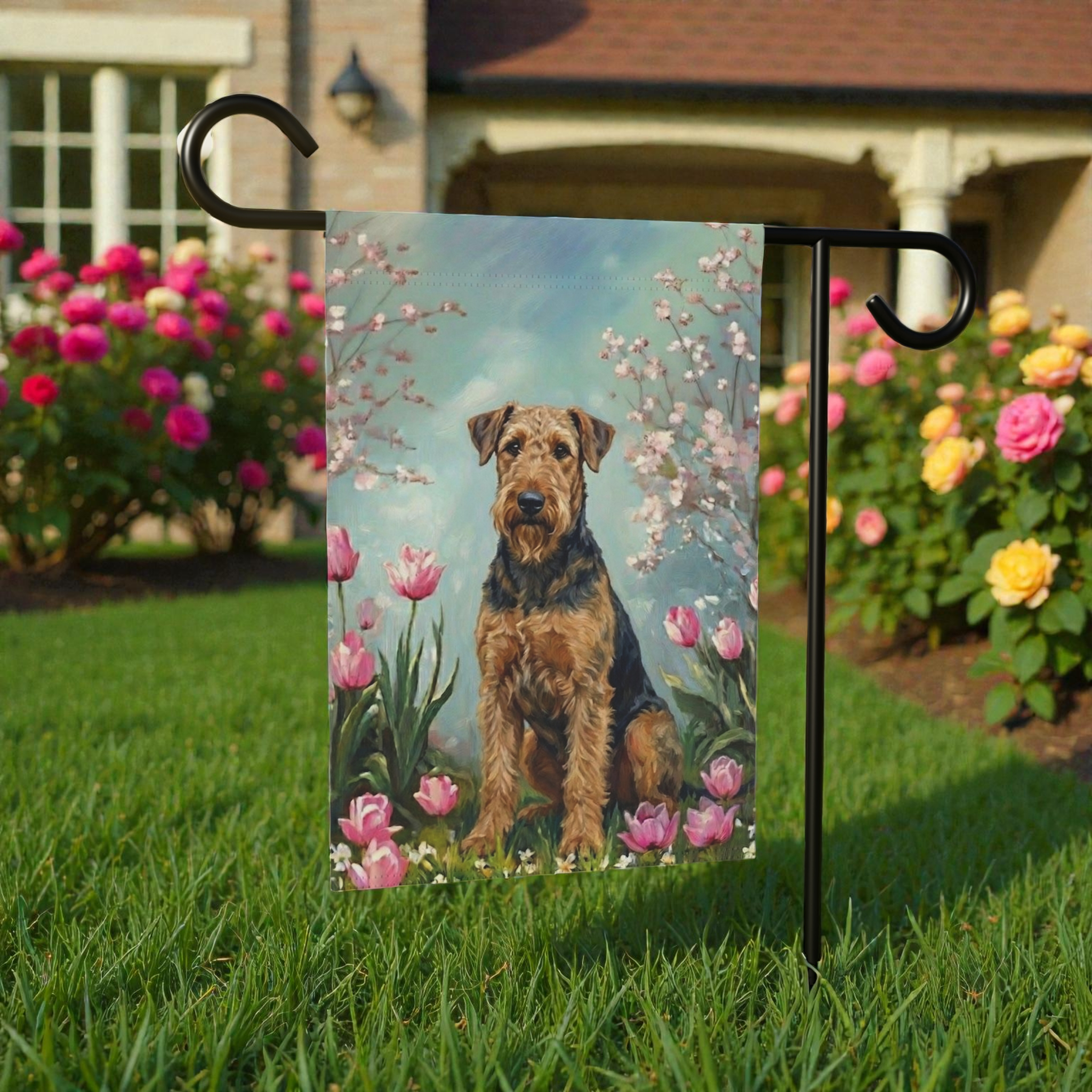 Airedale Terrier In the Tulips Spring Garden Flag - product detail - Dragonfire Gardens