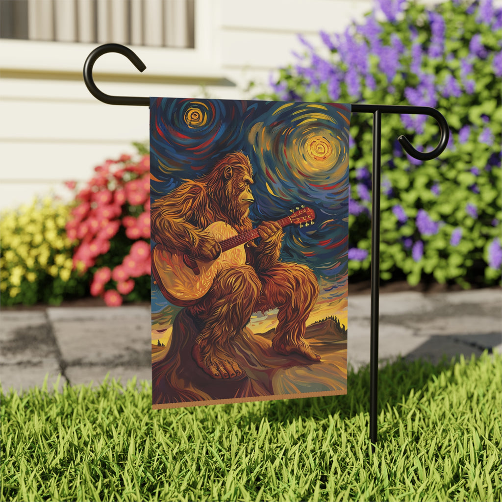 Big Foot and Guitar Garden Flag - close-up detail - Dragonfire Gardens