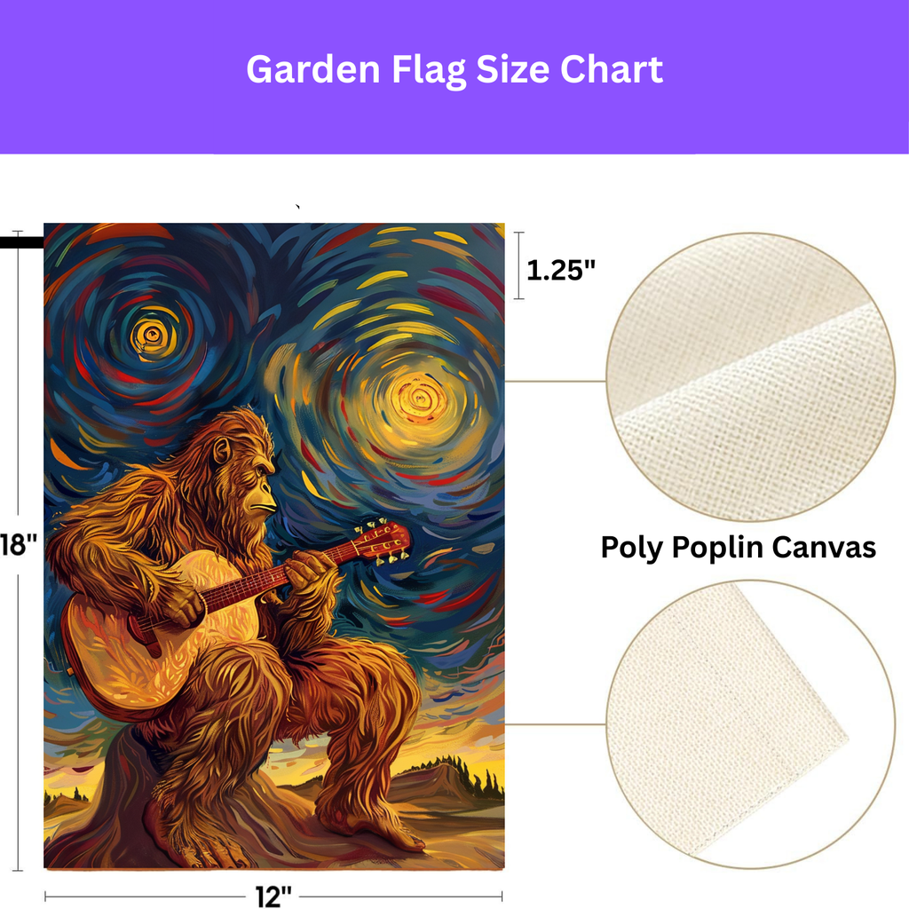 Big Foot and Guitar Garden Flag - size comparison - Dragonfire Gardens