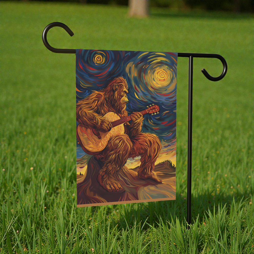 Big Foot and Guitar Garden Flag - outdoor display - Dragonfire Gardens