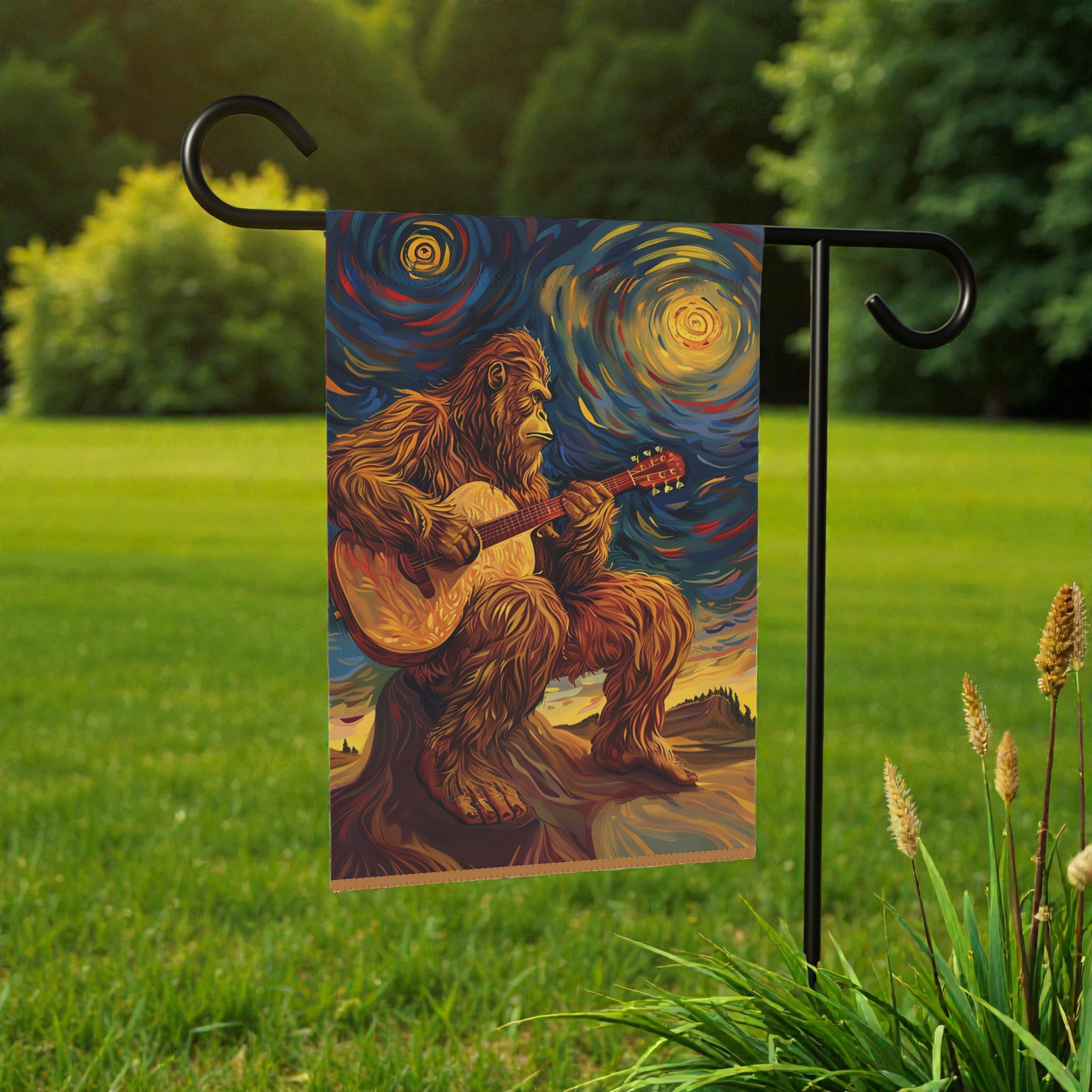 Big Foot and Guitar Garden Flag - lifestyle display - Dragonfire Gardens