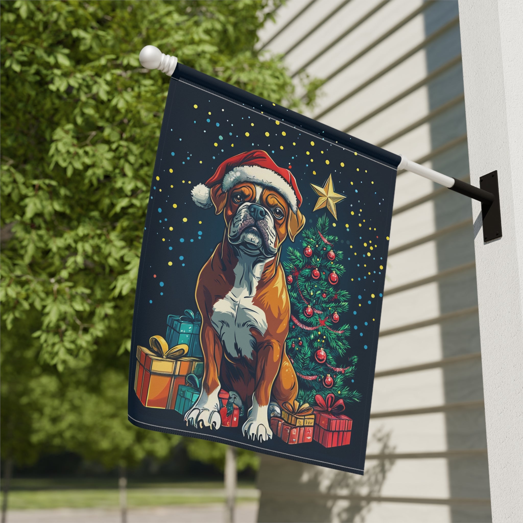 Christmas Boxer Garden Flag - close-up detail - Dragonfire Gardens