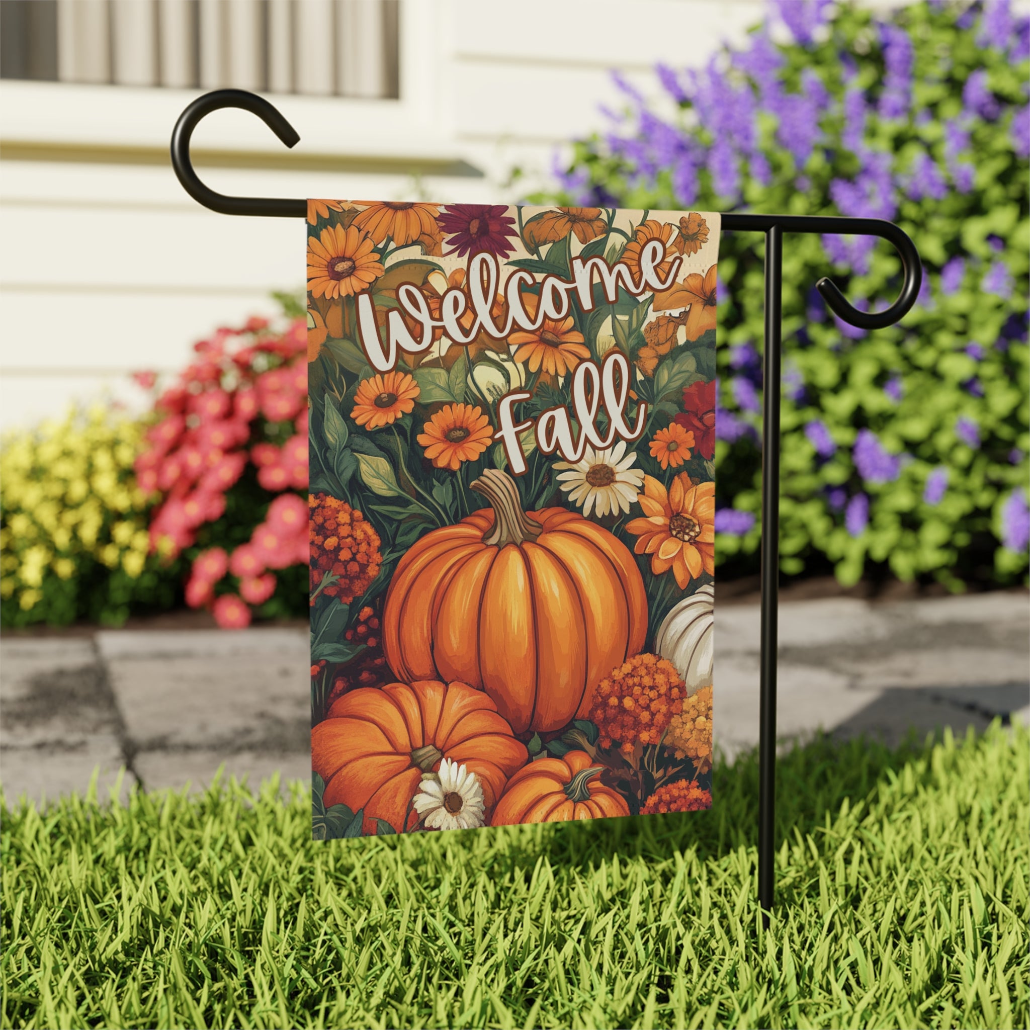 Welcome Fall Pumpkin Garden Flag - outdoor display - Dragonfire Gardens
