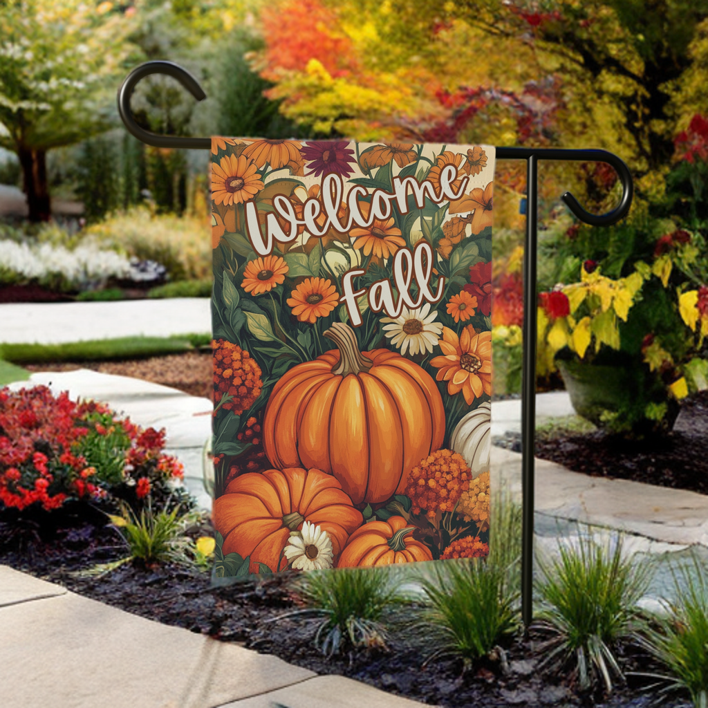 Welcome Fall Pumpkin Garden Flag - size comparison - Dragonfire Gardens