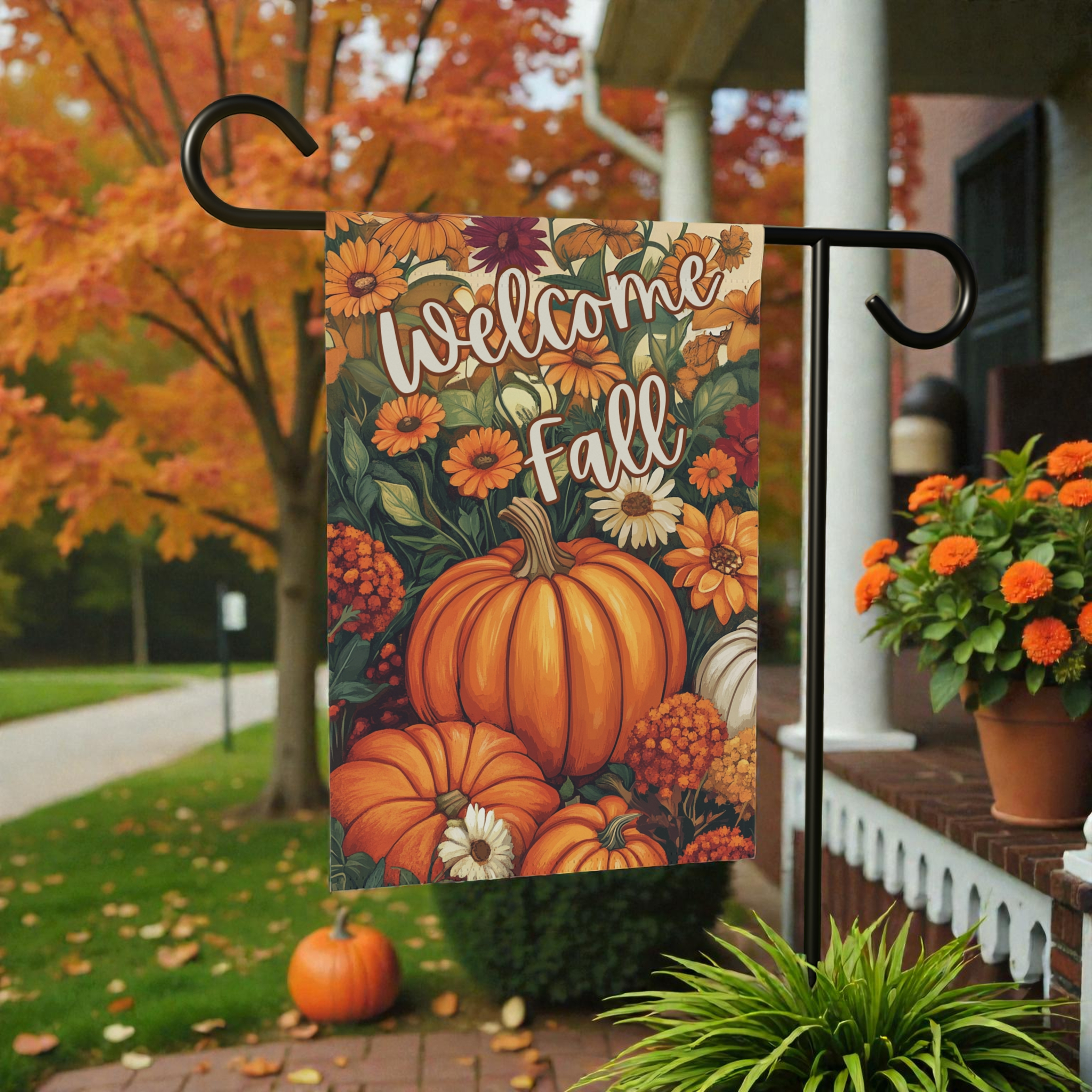 Welcome Fall Pumpkin Garden Flag - front view - Dragonfire Gardens
