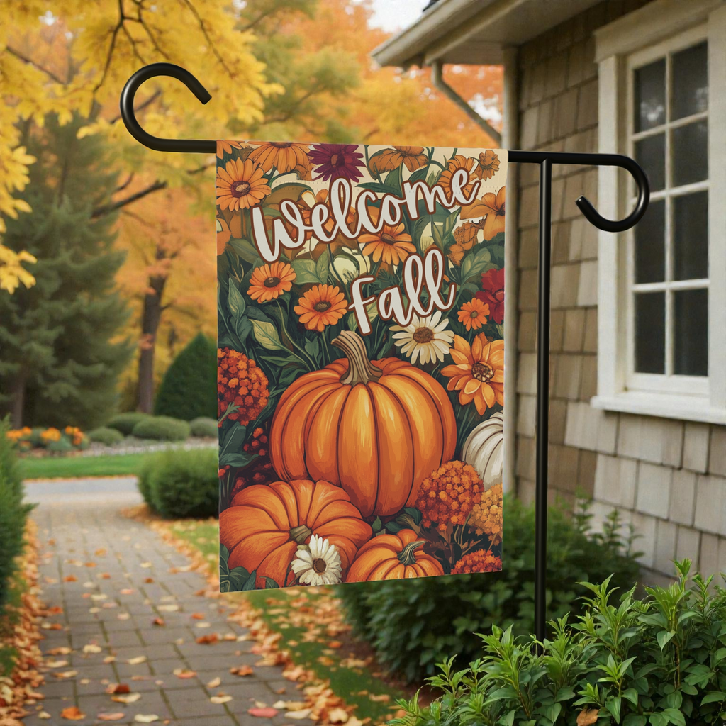 Welcome Fall Pumpkin Garden Flag - lifestyle display - Dragonfire Gardens
