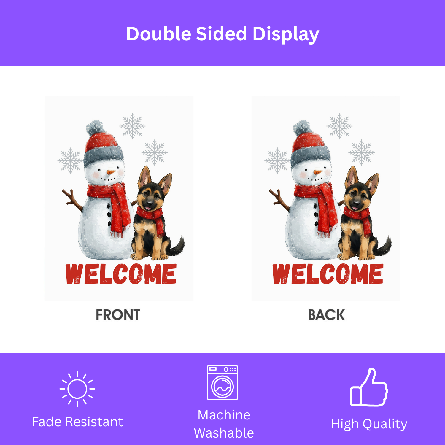 German Shepherd and Snowman Welcome Garden Flag - double-sided design - Dragonfire Gardens