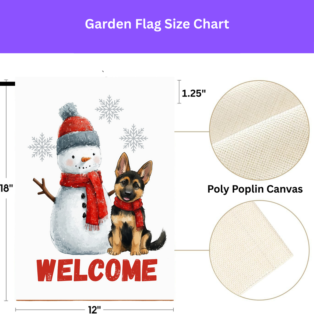 German Shepherd and Snowman Welcome Garden Flag - porch decor - Dragonfire Gardens