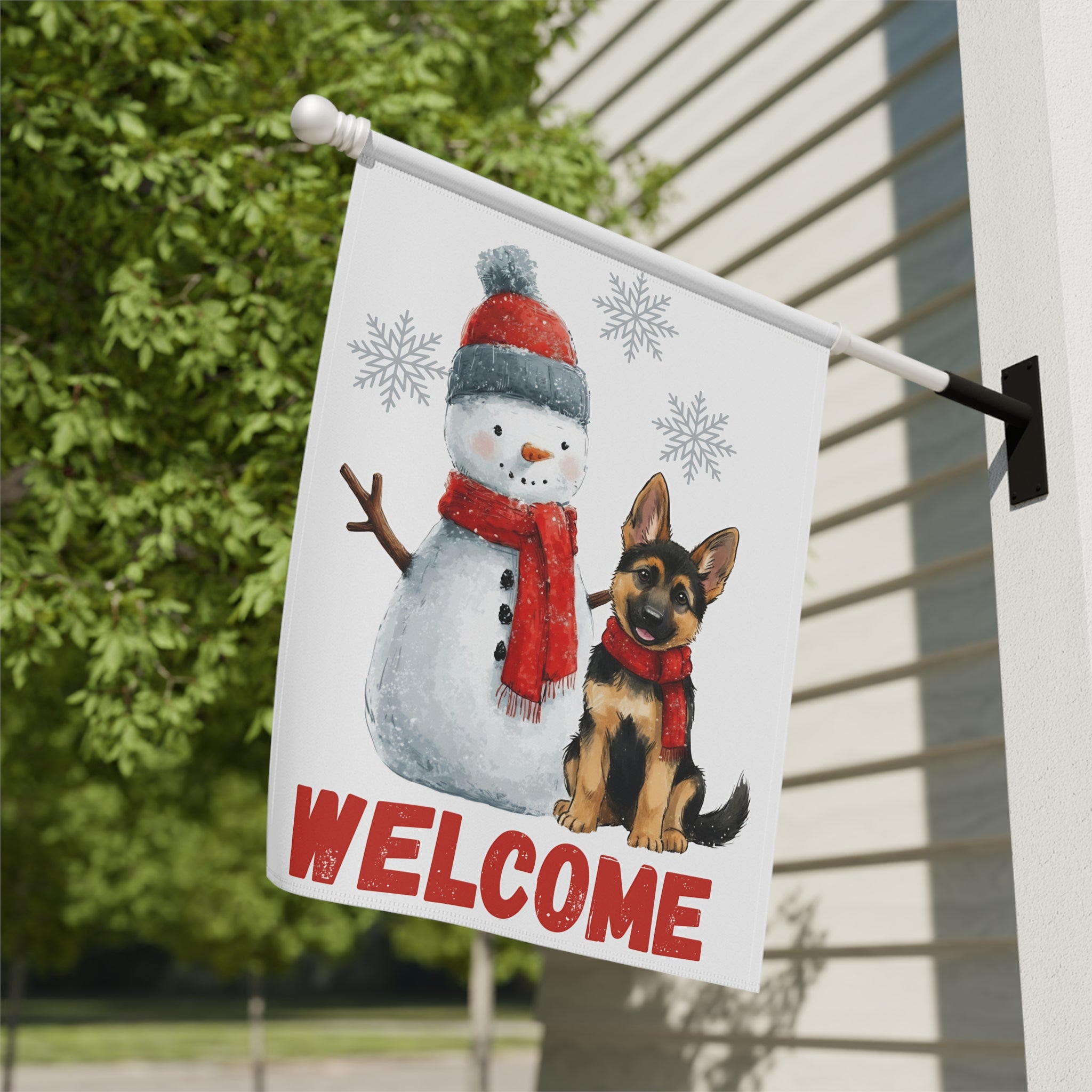 German Shepherd and Snowman Welcome Garden Flag - close-up detail - Dragonfire Gardens