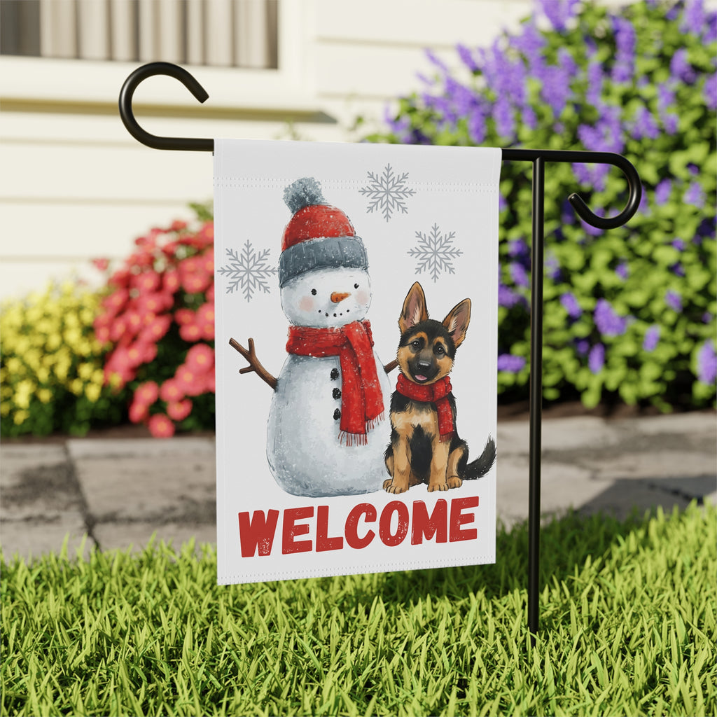 German Shepherd and Snowman Welcome Garden Flag - outdoor display - Dragonfire Gardens