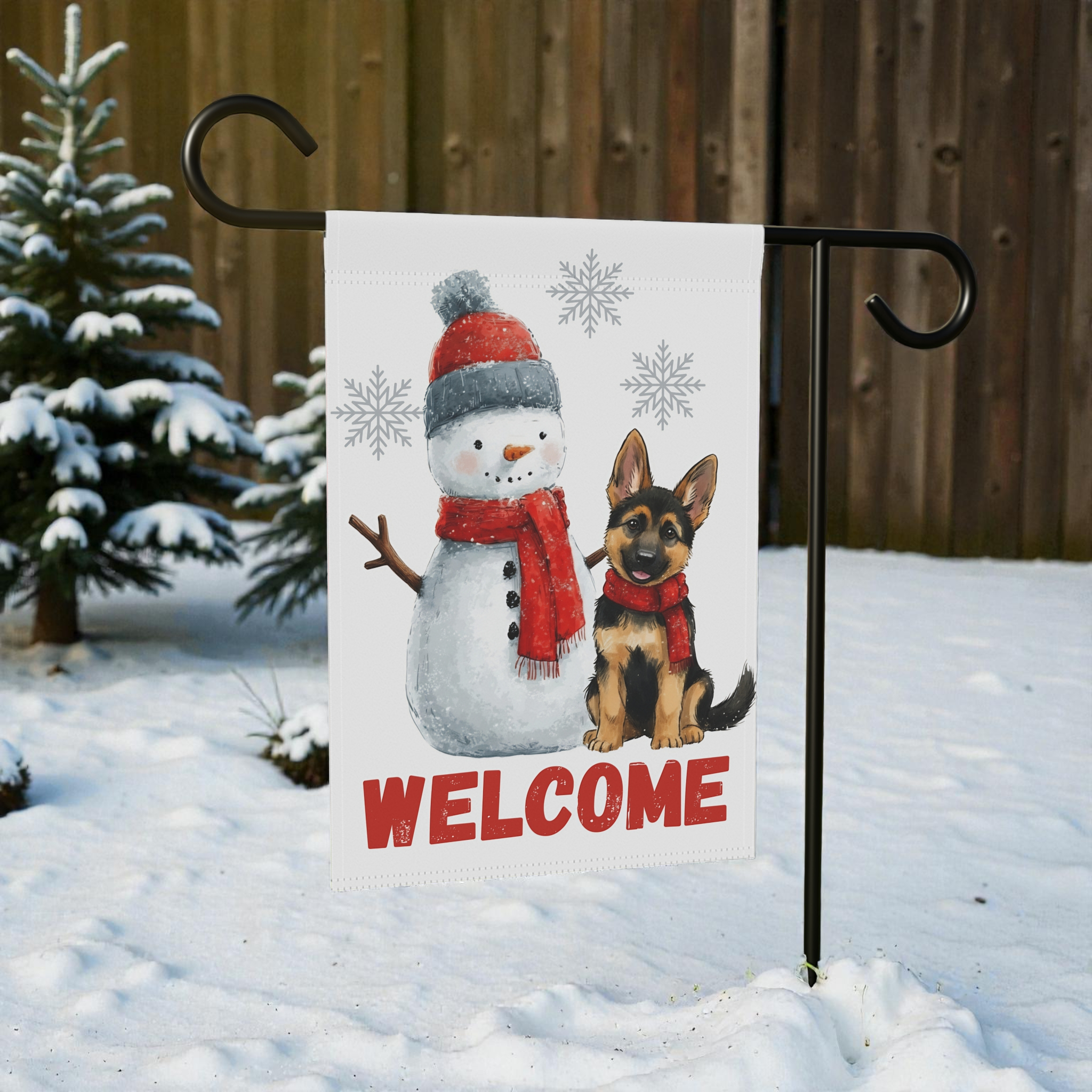 German Shepherd and Snowman Welcome Garden Flag - size comparison - Dragonfire Gardens