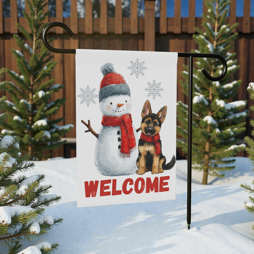 German Shepherd and Snowman Welcome Garden Flag - lifestyle display - Dragonfire Gardens
