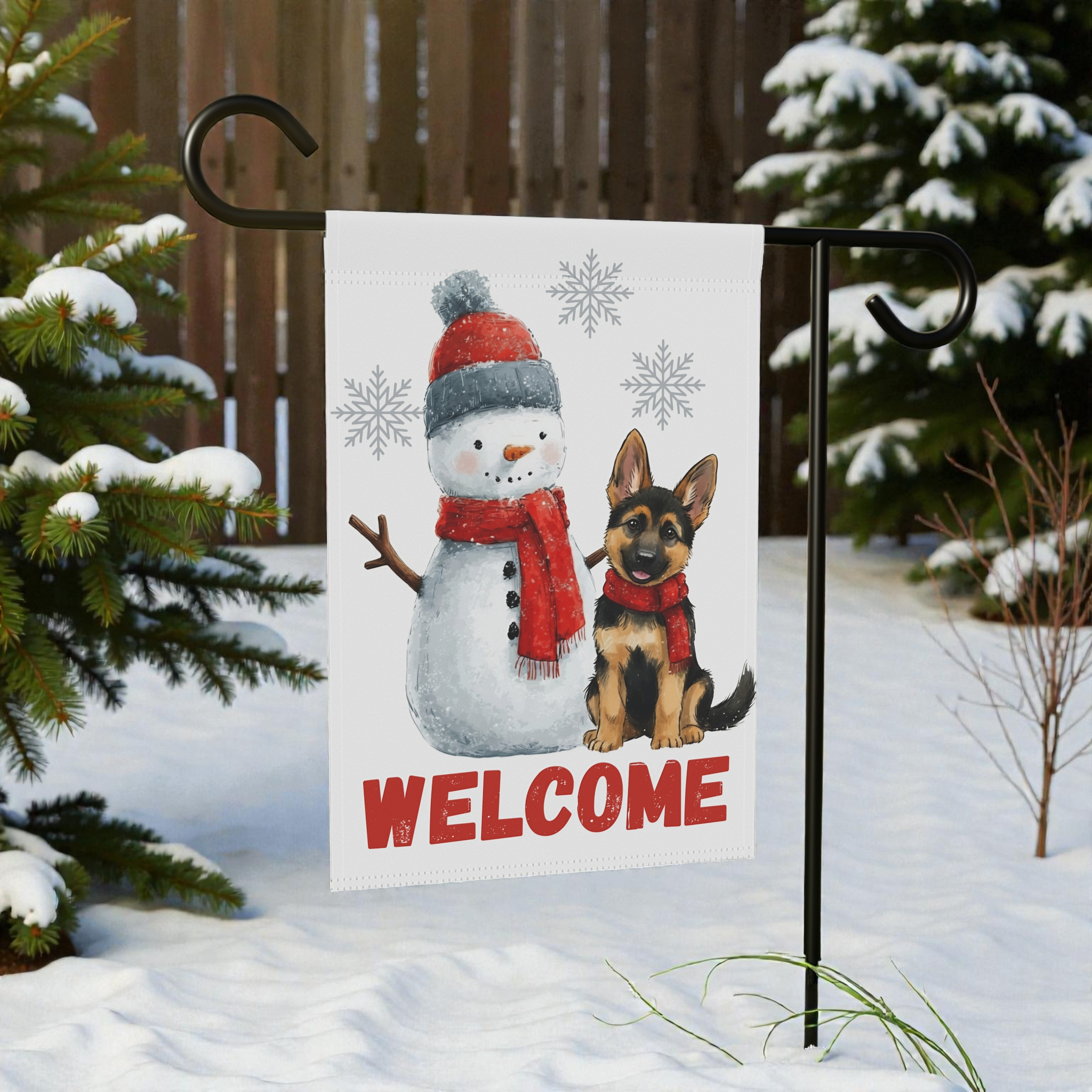 German Shepherd and Snowman Welcome Garden Flag - front view - Dragonfire Gardens