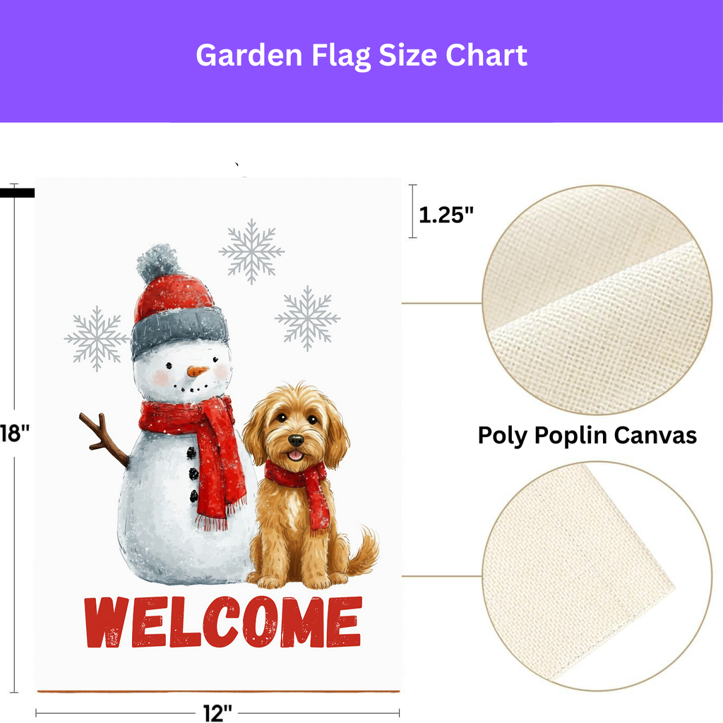 Golden Noodle and Snowman Welcome Garden Flag - yard display - Dragonfire Gardens