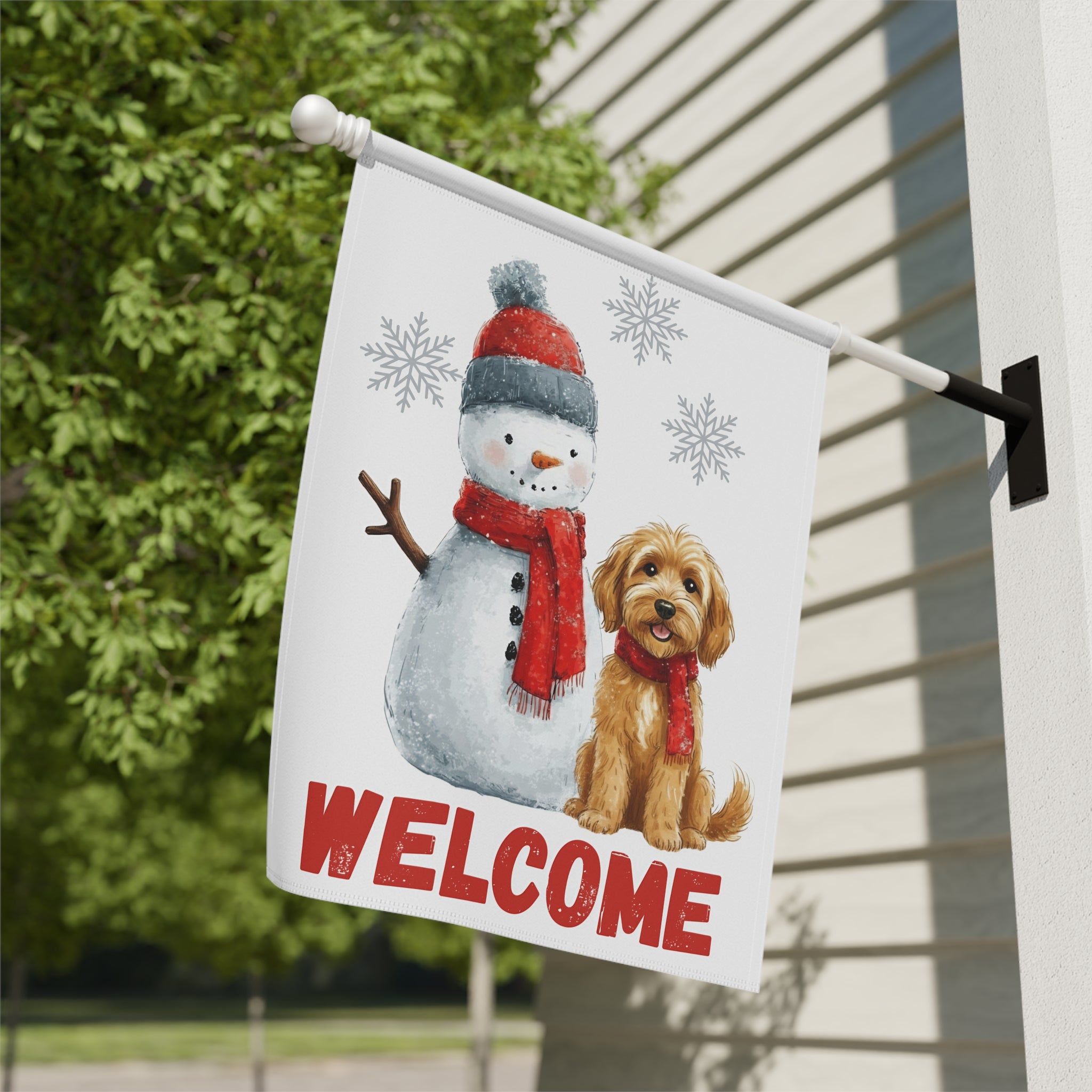Golden Noodle and Snowman Welcome Garden Flag - close-up detail - Dragonfire Gardens