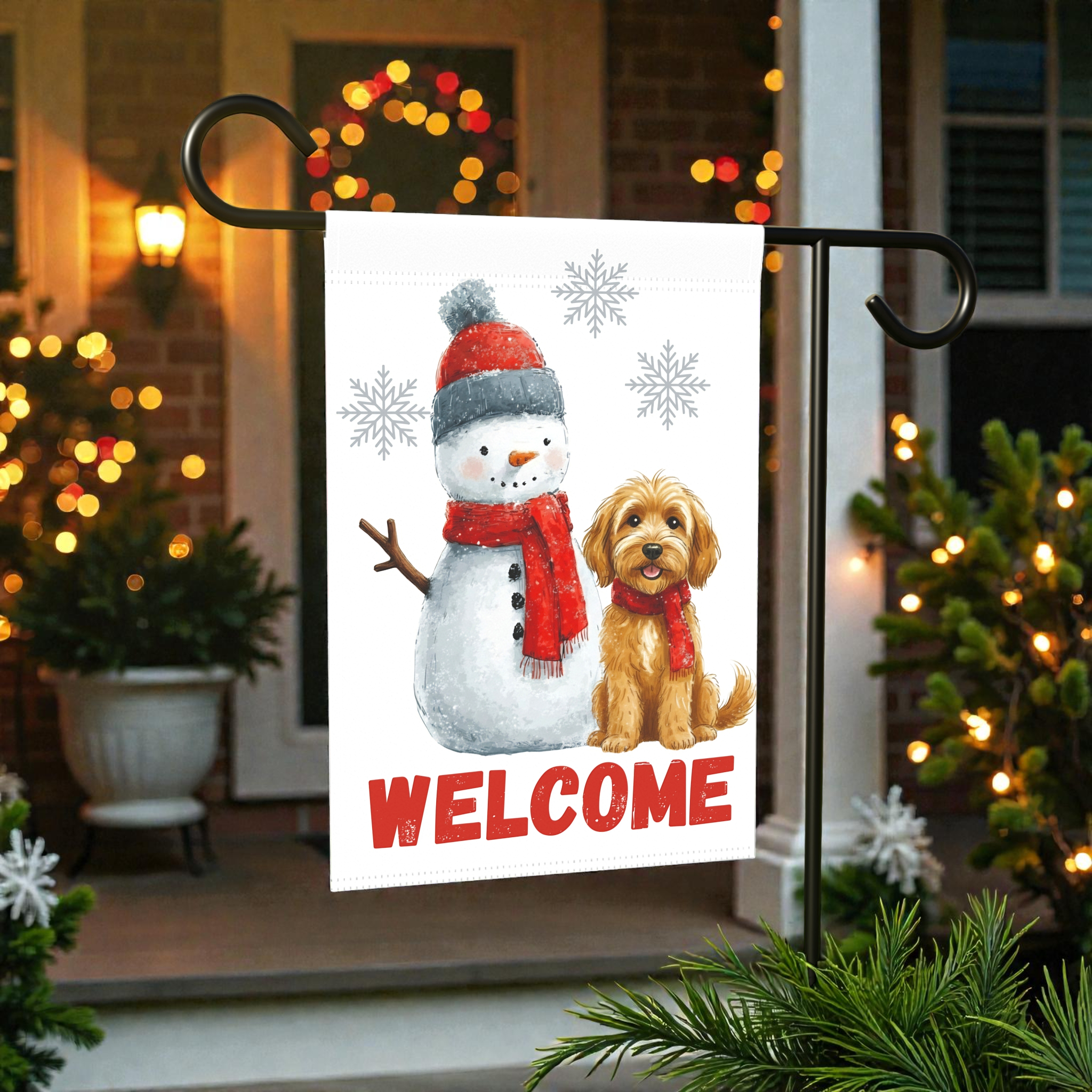 Golden Noodle and Snowman Welcome Garden Flag - front view - Dragonfire Gardens