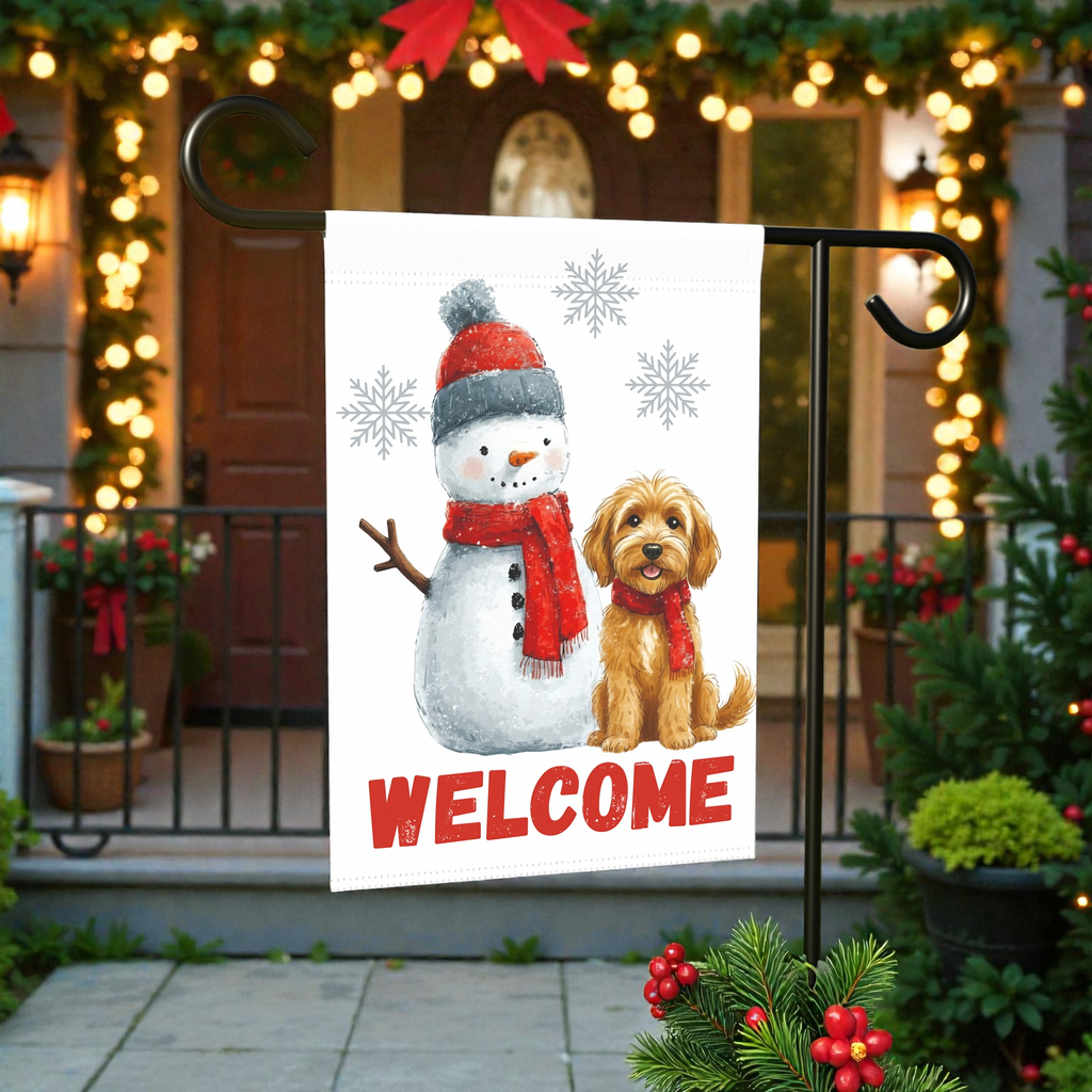 Golden Noodle and Snowman Welcome Garden Flag - size comparison - Dragonfire Gardens