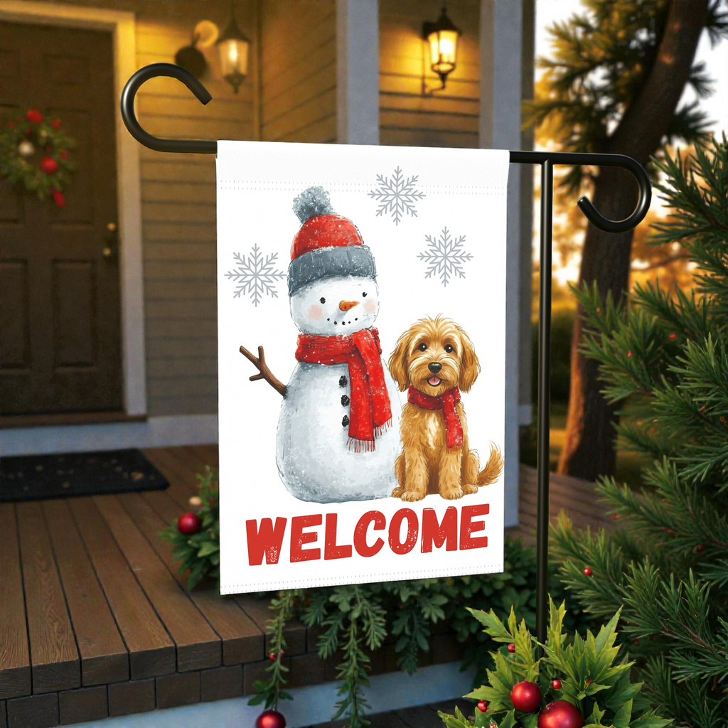Golden Noodle and Snowman Welcome Garden Flag - lifestyle display - Dragonfire Gardens