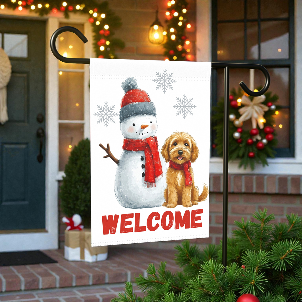 Golden Noodle and Snowman Welcome Garden Flag - product detail - Dragonfire Gardens